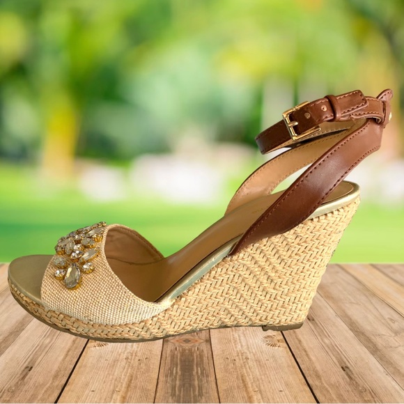 LIZ CLAIBORNE RHINESTONE BLING ANKLE STRAP JUTE PLATFORM WEDGE SANDALS - Picture 2 of 5